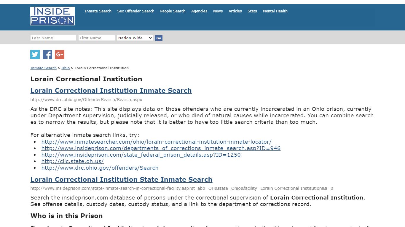 Lorain Correctional Institution - Ohio - Inmate Search